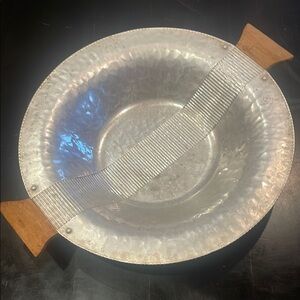 Silver Hammered Metal Serving Bowl with Wooden Handles